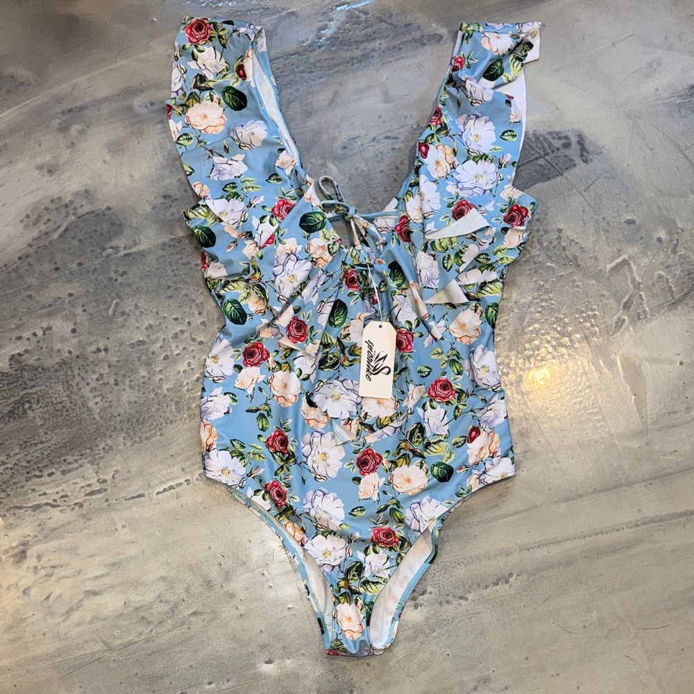 NWT Sporlike Blue Floral Ruffle One Piece Swimsuit Size XL
